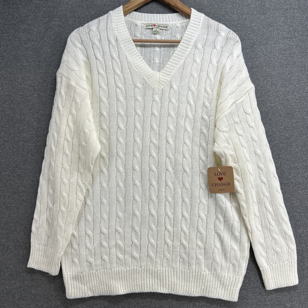 NWT Love Change Italy Womens Large White Cable Knit V Neck Pullover Sweater Top